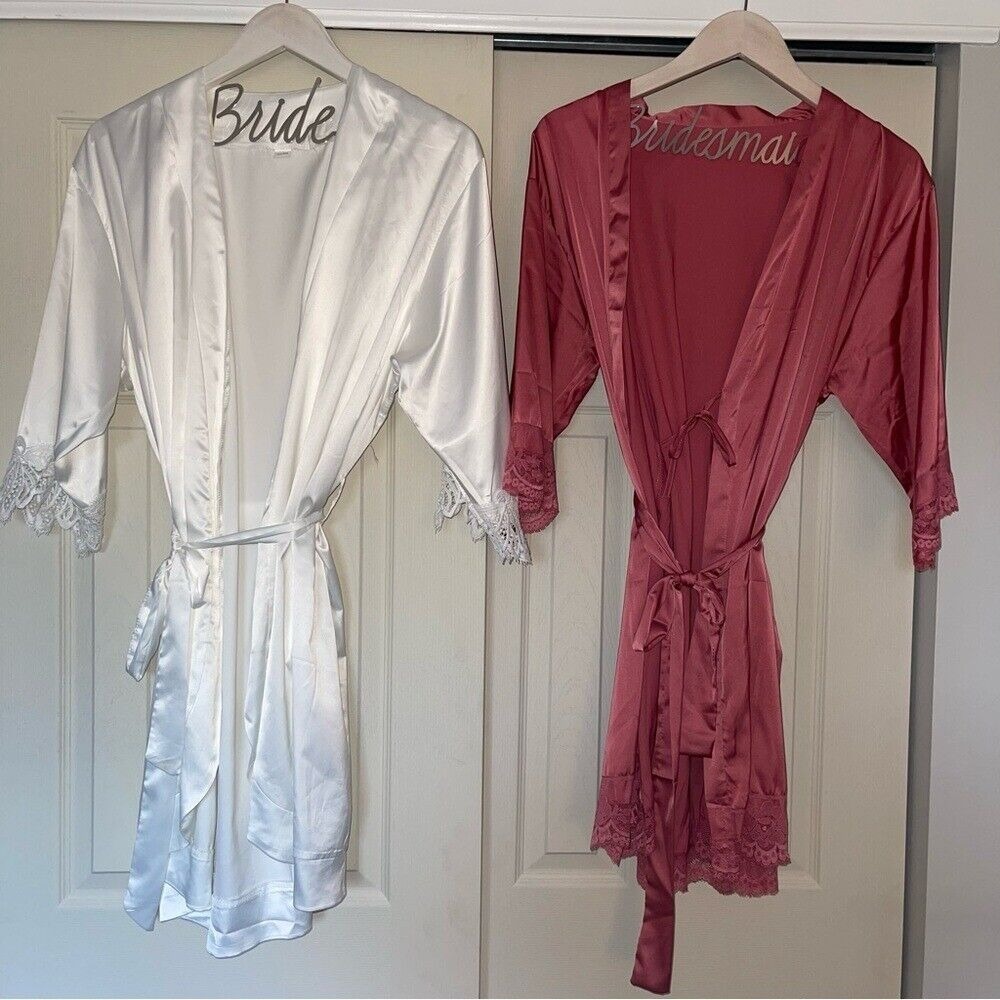 Bride Bridesmaid Bridal Wedding Party Lace Silky White Mauve Robes‎ Hangers